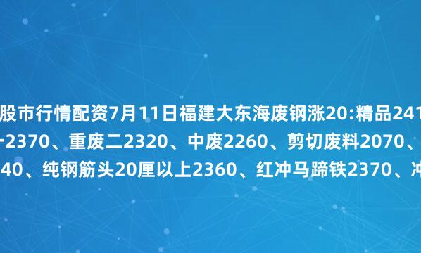 股市行情配资7月11日福建大东海废钢涨20:精品2410、优质2390、重废一2370、重废二2320、中废2260、剪切废料2070、纯钢筋头10-18厘2340、纯钢筋头20厘以上2360、红冲马蹄铁2370、冲豆2360-2410.钢筋切粒2410、压扁管2260、冲板小压块2240、1米2钢筋压块2280、1米5钢筋压块2230。